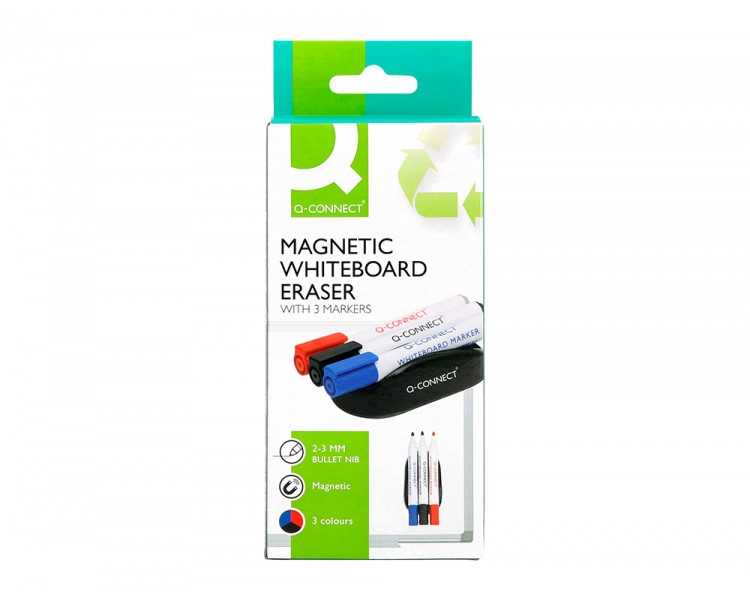 Borrador q-connect magnetico con rotulador negro rojo y azul para pizarra blanca