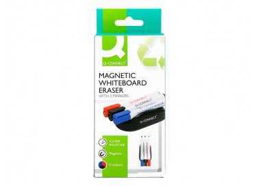 Borrador q-connect magnetico con rotulador negro rojo y azul para pizarra blanca