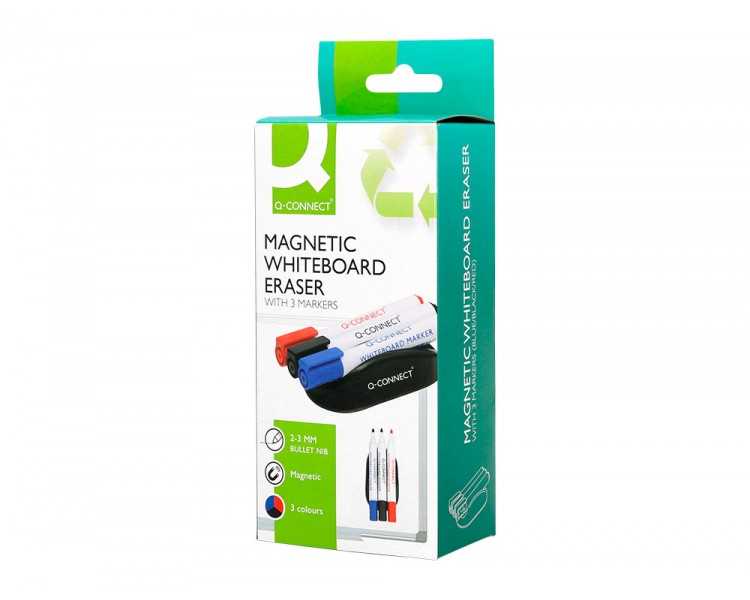 Borrador q-connect magnetico con rotulador negro rojo y azul para pizarra blanca