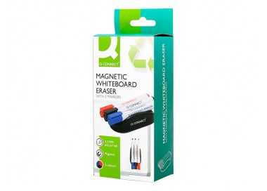 Borrador q-connect magnetico con rotulador negro rojo y azul para pizarra blanca