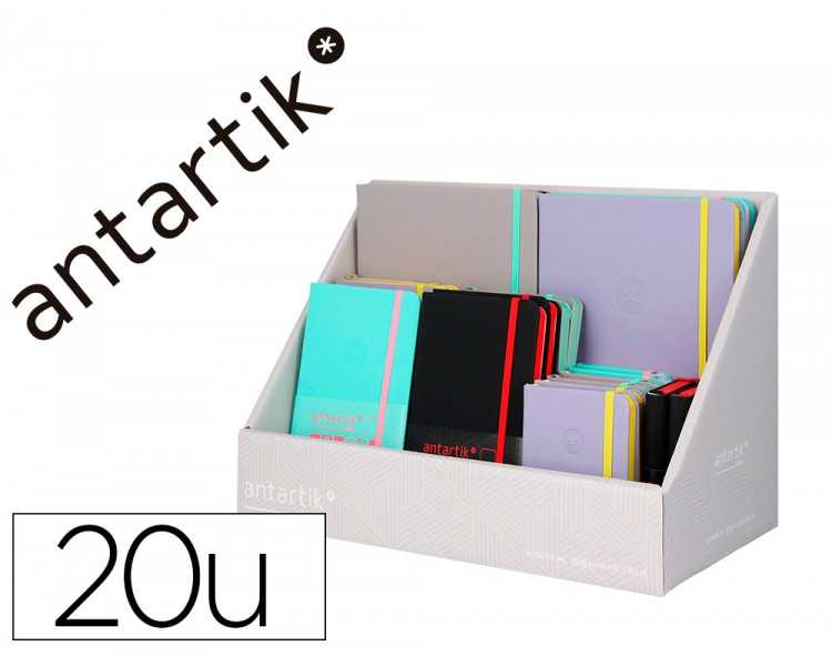 Cuaderno con gomilla antartik note tapa dura y blanda bicolor a5/a6/a7 expositor de 20 unidades surtidas