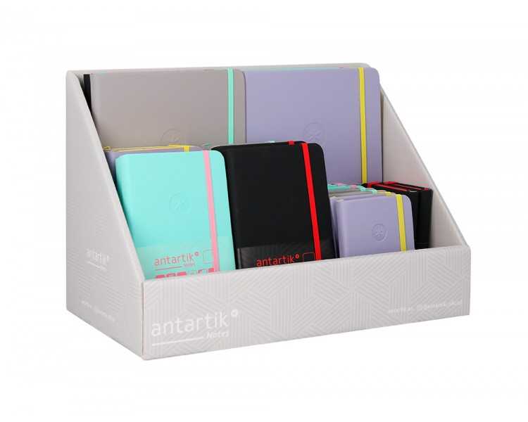Cuaderno con gomilla antartik note tapa dura y blanda bicolor a5/a6/a7 expositor de 20 unidades surtidas