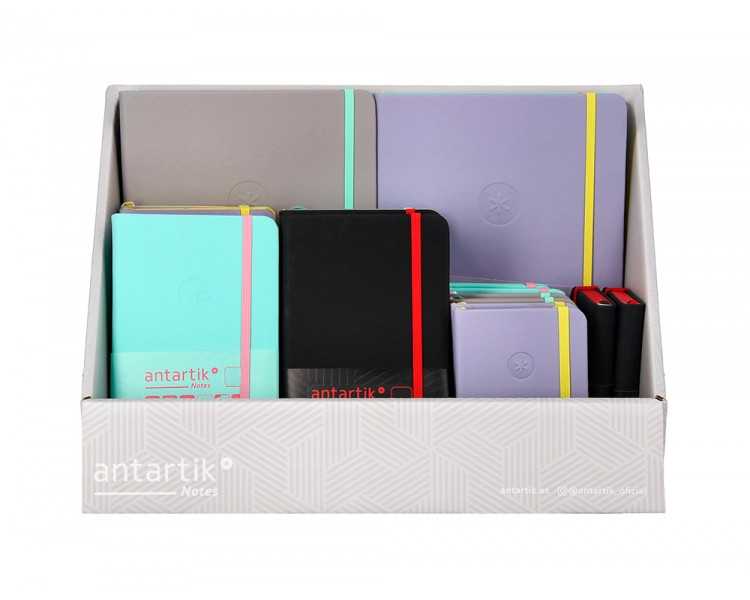 Cuaderno con gomilla antartik note tapa dura y blanda bicolor a5/a6/a7 expositor de 20 unidades surtidas
