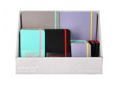 Cuaderno con gomilla antartik note tapa dura y blanda bicolor a5/a6/a7 expositor de 20 unidades surtidas