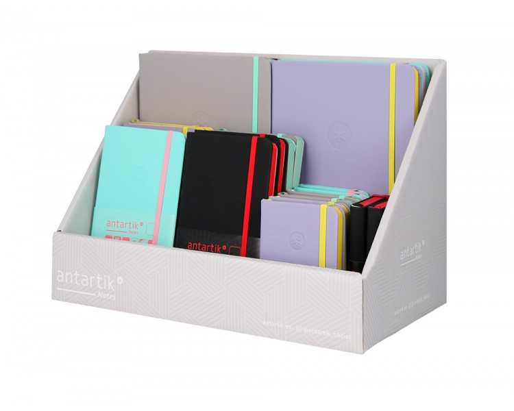 Cuaderno con gomilla antartik note tapa dura y blanda bicolor a5/a6/a7 expositor de 20 unidades surtidas