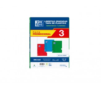 Libreta escolar oxford openflex din a4 48 hojas cuadro 4 mm pack de 3 unidades colores surtidos
