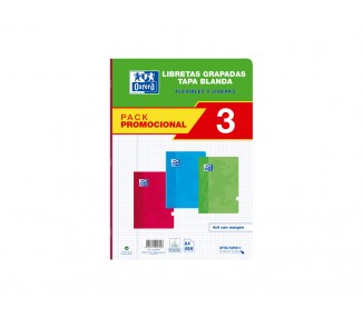 Libreta escolar oxford tapa blanda din a4 48 hojas cuadro 4 mm pack de 3 unidades colores surtidos