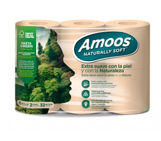 Papel higienico amoos naturally soft 2 capas pasta cruda paquete de 6 rollos 32 m