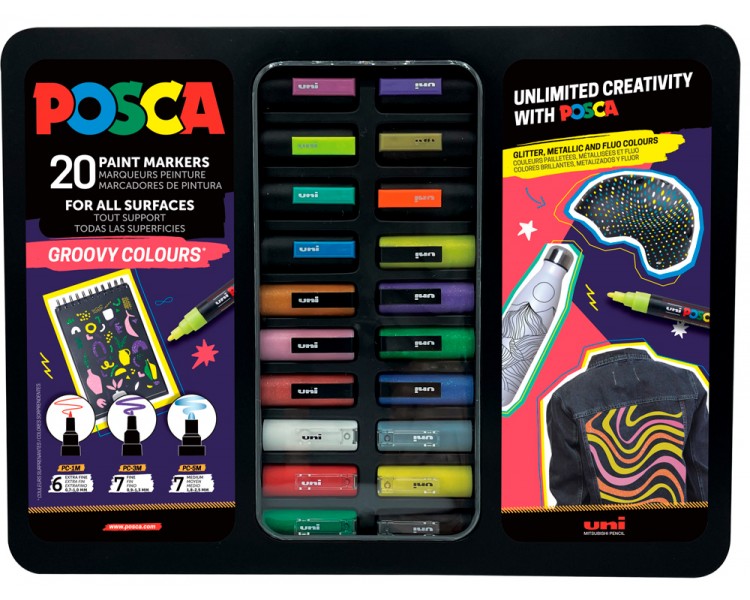 Rotulador uni posca groovy colours marcador de pintura punta conica maletin metalico de 20 unidades colores