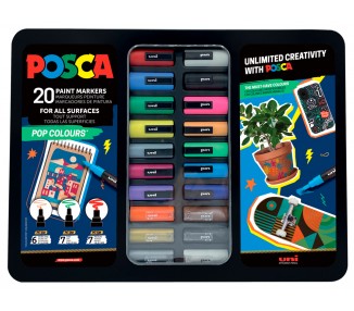 Rotulador uni posca pop colours marcador de pintura punta conica maletin metalico de 20 unidades colores