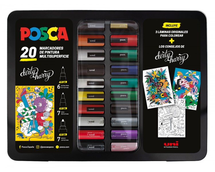 Rotulador uni posca dirty harry marcador de pintura punta conica maletin metalico de 20 unidades colores