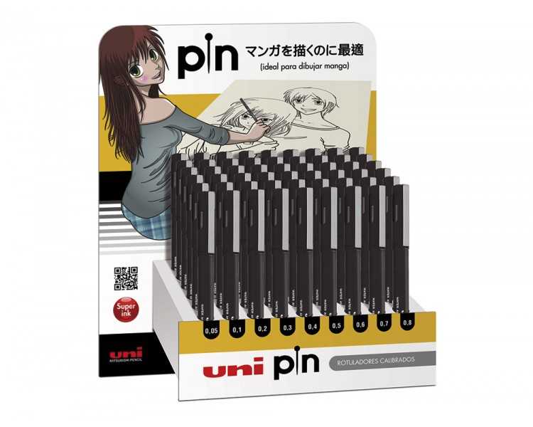 Expositor rotulador uniball pin calibrado micrometrico color negro expositor de 54 unidades surtidas