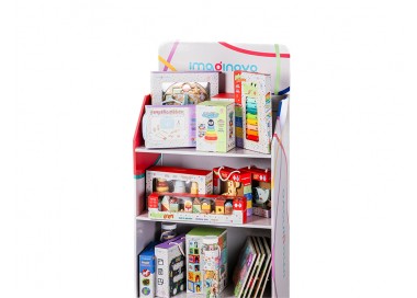 Expositor imaginovo juegos infantiles de suelo carton con 28 juegos y 22 puzles surtidos 60x163x35cm