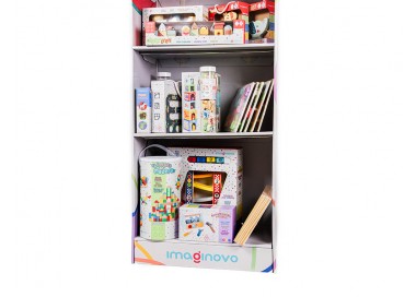 Expositor imaginovo juegos infantiles de suelo carton con 28 juegos y 22 puzles surtidos 60x163x35cm