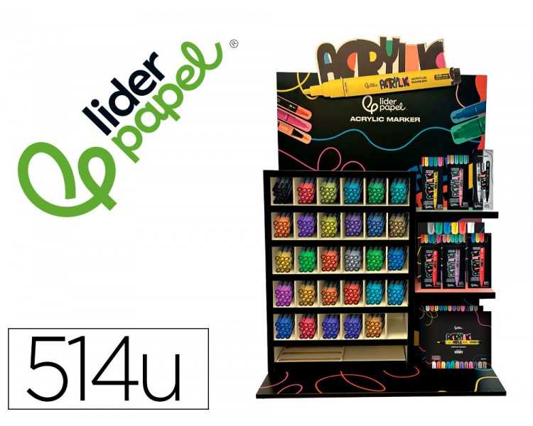 Rotulador liderpapel acrylic expositor madera sobremesa de 514 unidades colores surtidos con tester