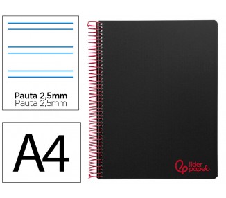 Cuaderno espiral liderpapel a4 wonder tapa plastico 80h 90gr pauta estrecha 2,5mm con margen color negro