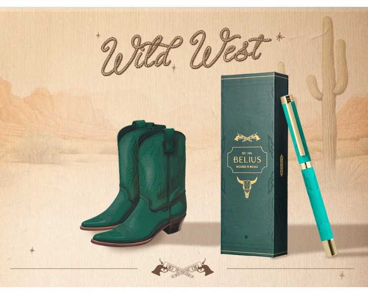 Boligrafo belius wild west aluminio color verde dorado tinta color azul caja de diseño