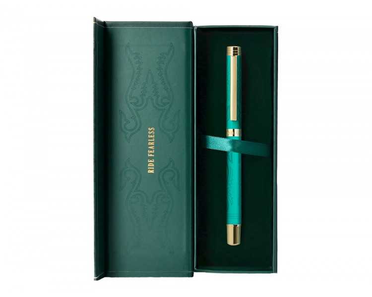 Boligrafo belius wild west aluminio color verde dorado tinta color azul caja de diseño