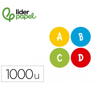 Gomets liderpapel autoadhesivo s redondo abecedario 20 mm colores surtidos rollo de 1000 unidades en caja de carton