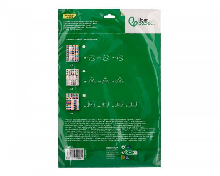Gomets liderpapel autoadhesivo s figuras de colores y tamañossurtidos bolsa de 10 hojas 1188 unidades
