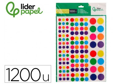 Gomets liderpapel autoadhesivo s circulos colores y tamaños surtidos bolsa de 10 hojas 1200 unidades