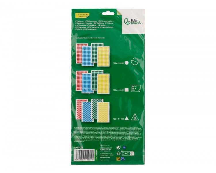 Gomets liderpapel figuras surtidas bolsa de 12 hojas figuras geometricas pequeñas colores surtidos