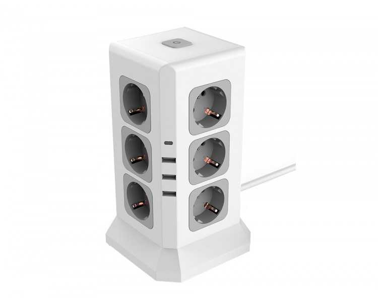 Regleta q-connect enchufe multiple 16 en 1 cable 2 mt 12 tomas de corriente+3 usb+1 usb tipo c 120x120x210mm
