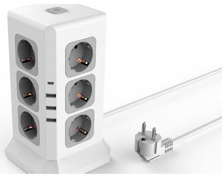 Regleta q-connect enchufe multiple 16 en 1 cable 2 mt 12 tomas de corriente+3 usb+1 usb tipo c 120x120x210mm