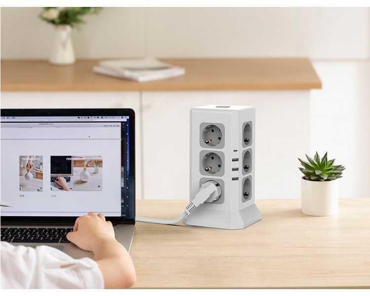 Regleta q-connect enchufe multiple 16 en 1 cable 2 mt 12 tomas de corriente+3 usb+1 usb tipo c 120x120x210mm