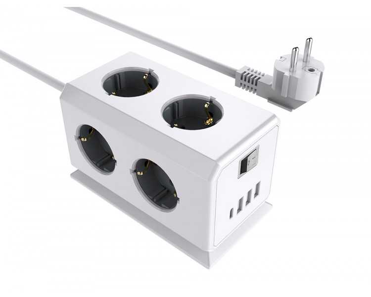 Regleta q-connect enchufe multiple 10 en 1 cable 1,4 mt 6 tomas de corriente+3 usb+1 usb tipo c 140x76x87mm