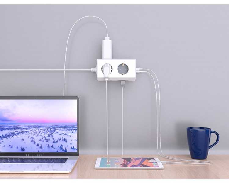 Regleta q-connect enchufe multiple 10 en 1 cable 1,4 mt 6 tomas de corriente+3 usb+1 usb tipo c 140x76x87mm