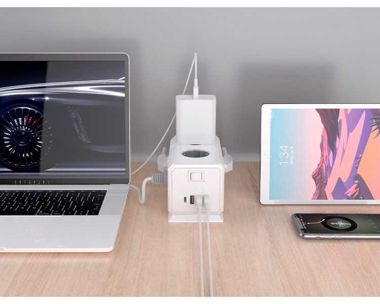 Regleta q-connect enchufe multiple 10 en 1 cable 1,4 mt 6 tomas de corriente+3 usb+1 usb tipo c 140x76x87mm