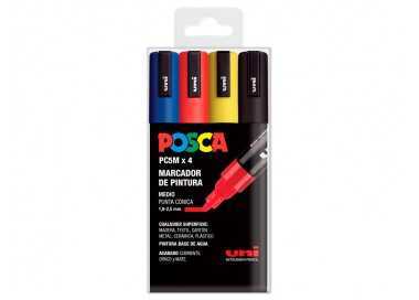 Rotulador uni posca pc-5m/4c marcador de pintura punta conica 1,8-2,5 mm estuche de 4 unidades colores basicos