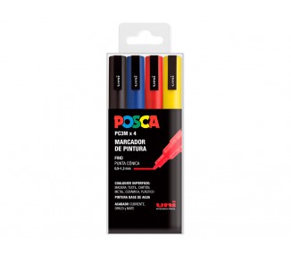 Rotulador uni posca pc-3m/4c marcador de pintura punta conica 0,9-1,3 mm estuche de 4 unidades colores basicos