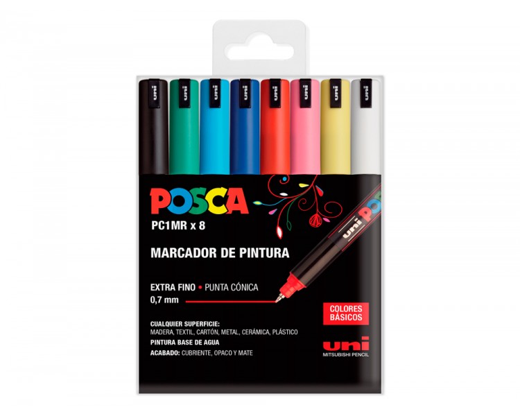 Rotulador uni posca pc1mr/8c marcador de pintura punta extrafina 0,7 mm estuche de 8 unidades colores basicos