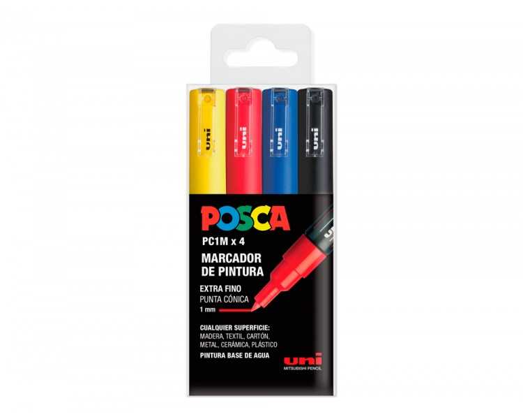Rotulador uni posca pc-1m/4c marcador de pintura punta extrafina 0,7 mm estuche de 4 unidades colores basicos