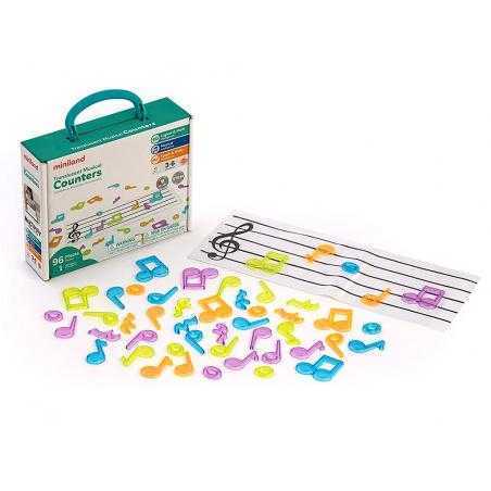 Juego miniland set de contadores translucidos contenido 96 notas musicales y 1 pentagrama transparente