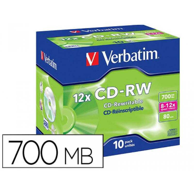 Cd-rw verbatim serl capacidad 700mb velocidad 12x 80 min pack de 10 unidades