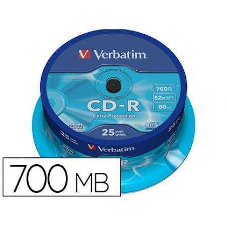 Cd-r verbatim capacidad 700mb velocidad 52x 80 min tarrina de 25 unidades