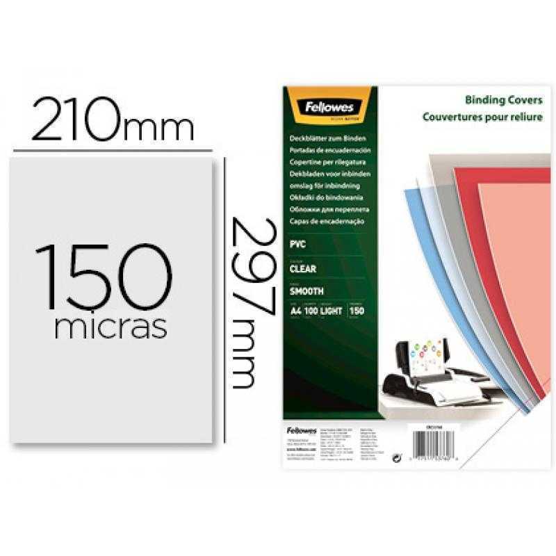 Tapa de encuadernacion fellowes din a4 pvc 150 micras transparente pack de 100 unidades