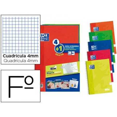 Cuaderno espiral oxford tapa extradura folio 80 hojas cuadro 4 mm con pizarra blancapack 4+1 colores clasicos