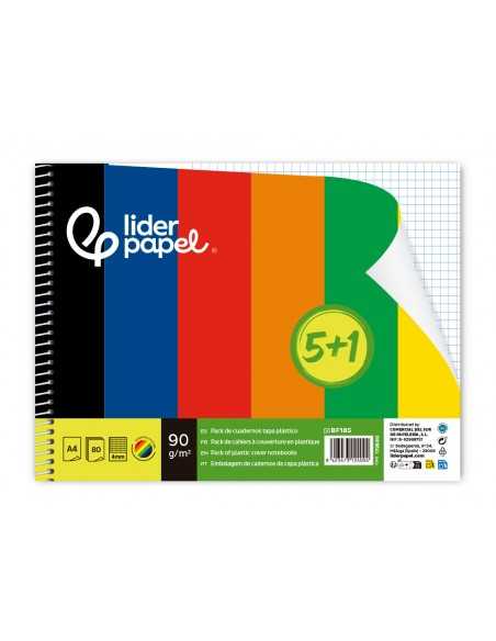 Cuaderno espiral liderpapel din a4 tapa polipropileno 80h 90gr cuadro 4mm con margen pack 5+1 colores surtidos