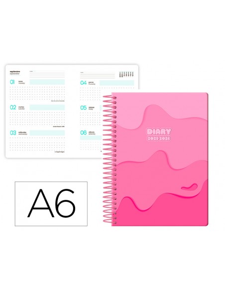 Agenda escolar liderpapel 25-26 espiral melting rosa semana vista a6 bilingüe papel fsc 80 gr