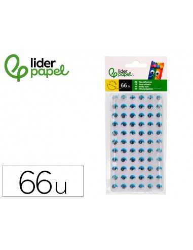 Ojo adhesivo liderpapel 10 mm con pupila negra y pestaña de color azul pack de 66 unidades