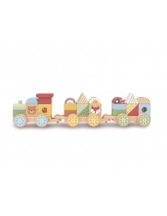 Juego infantil imaginovo madera tren figuras apilables con ruedas +18 meses 38x9,5x7,5cm