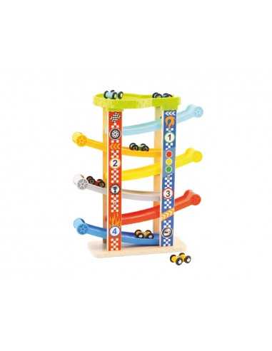 Juego infantil imaginovo madera torre de deslizamiento con 7 niveles incluye 6 coches +18 meses 38x32x14cm