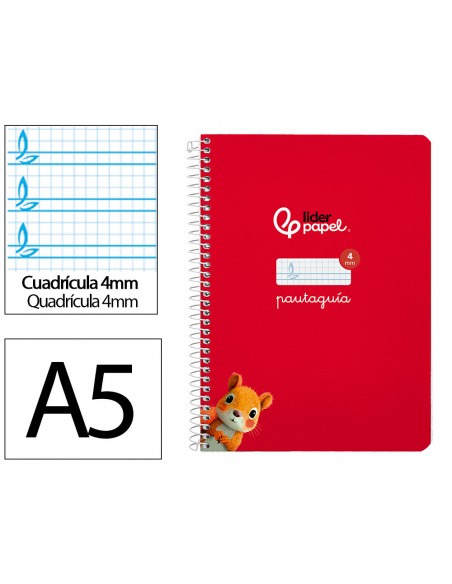 Cuaderno espiral liderpapel a5 pautaguia tapa dura 80h 90 gr cuadro pautado 4mm color rojo