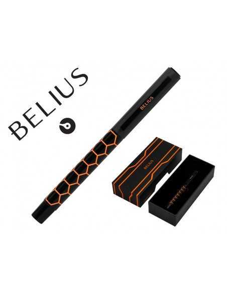 Boligrafo belius legacy aluminio diseño hexagono naranja cuerpo negro tinta color azul caja de diseño