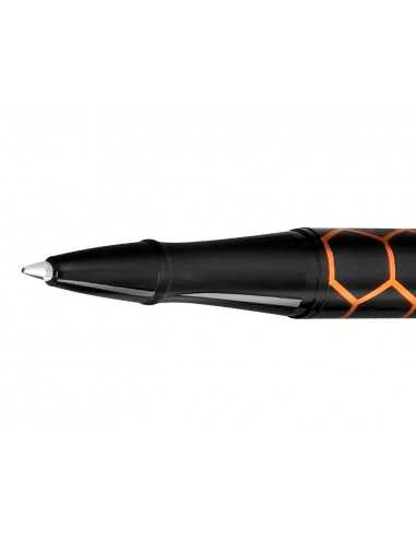 Boligrafo belius legacy aluminio diseño hexagono naranja cuerpo negro tinta color azul caja de diseño