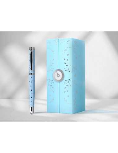 Pluma belius bella aluminio color azul celeste diseño plateado relieve tinta azul caja de diseño